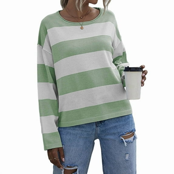Womens Long Sleeve Shirts Casual Loose Fit Striped Tops Knit Pullover Sweaters Green XL