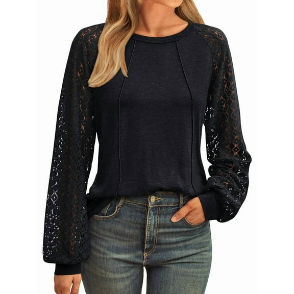 Womens Long Sleeve Shirts Casual Tops Dressy Outfits Fall Fashion Blouses Lace Clothes Y2k Black L