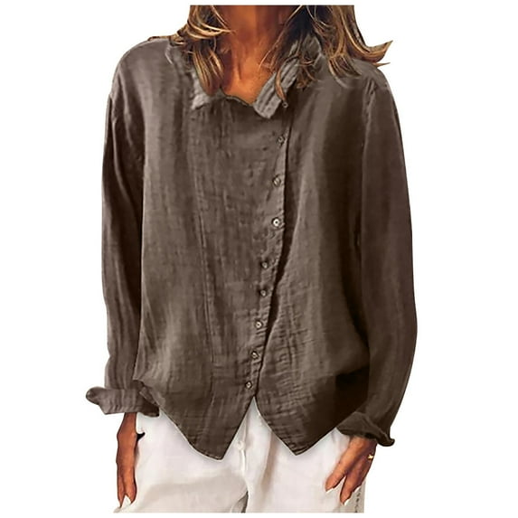Womens Long Sleeve Shirts Casual Women Cotton Linen Casual Buttons Long Sleeves T Shirt Blouse Tops