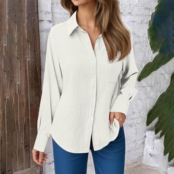 Womens Long Sleeve Shirts Collared Solid Color Button Down Dressy 2026 Tops Spring Fashion Business Casual Blouses
