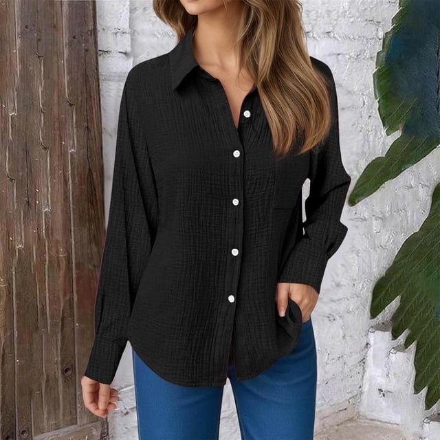 Spring Gold Colours Womens Long Sleeve Shirts Collared Solid Color Button Down Dressy 2026 ...
