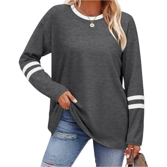 Womens Long Sleeve Shirts Color Block Casual Crewneck Tops Tshirt Basic Tee Fall Fashion Clothes Trendy Outfits 05-Gray L