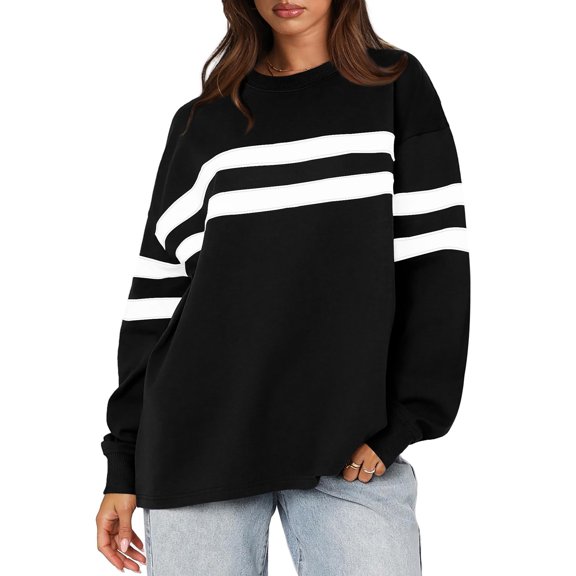 Womens Long Sleeve Shirts Color Block Casual Crewneck Tops Tshirt Basic Tee Fall Fashion Clothes Trendy Outfits 10-Black S