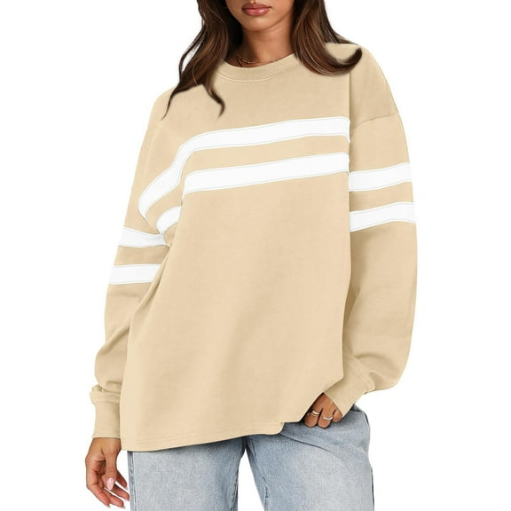 Womens Long Sleeve Shirts Color Block Casual Crewneck Tops Tshirt Basic Tee Fall Fashion Clothes Trendy Outfits 12-Khaki S