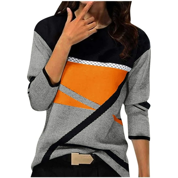 Womens Long Sleeve Shirts Colorblock Casual Crewneck Tops Tshirt Geometric Tees Fall Trendy Clothes