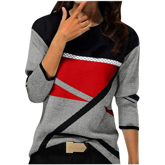 Womens Long Sleeve Shirts Colorblock Casual Crewneck Tops Tshirt Geometric Tees Fall Trendy Clothes
