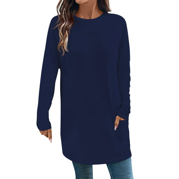 Womens Long Sleeve Shirts Comfortable Solid Color Long Sleeve Scoop Neck Loose Crewneck Sweatshirts Women with 2 Pockets Navy Size 2XL