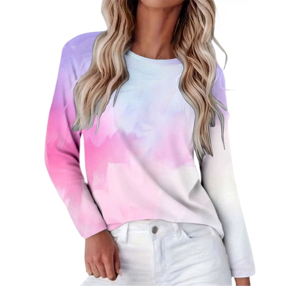 Womens Long Sleeve Shirts Comfy Printed Basic Crew Neck Long Sleeve Tees Blouse Tops