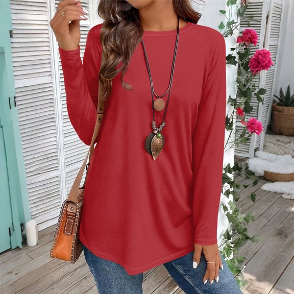 Womens Long Sleeve Shirts Crew Neck Casual Tshirts Fall Fashion Tops Loose Fit Lightweight Y2k Outfits Clothes Red L