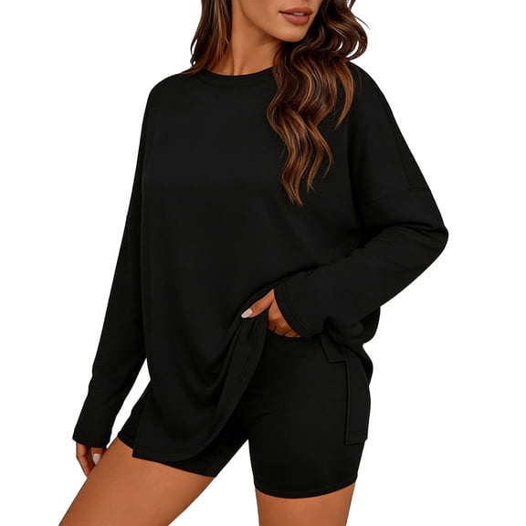 Womens Long Sleeve Shirts Crew Neck Side Split Sweatshirt Casual Loose Fit Solid Color Pullover Dressy Holiday Spring Blouses