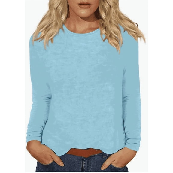Womens Long Sleeve Shirts Crew Neck Tops Solid Color Casual spring Fall Tops Trendy Loose Fit Lightweight Girls Outfits Clothes