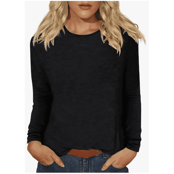 Womens Long Sleeve Shirts Crew Neck Tops Solid Color Casual spring Fall Tops Trendy Loose Fit Lightweight Girls Outfits Clothes