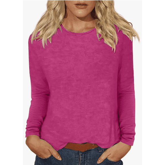 Womens Long Sleeve Shirts Crew Neck Tops Solid Color Casual spring Fall Tops Trendy Loose Fit Lightweight Girls Outfits Clothes