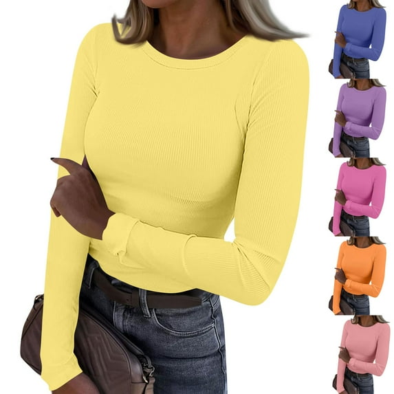 Womens Long Sleeve Shirts Crewneck Ribbed Knitted Slim Fitted Tops Basic Tee Fall Dressy Casual Blouse Orange 3XL