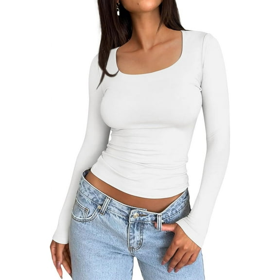 Womens Long Sleeve Shirts Crop Tops Basic Double Layering Tight Slim Fit T Shirts Winter Clothes 2024