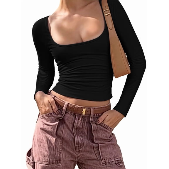 Womens Long Sleeve Shirts Crop Tops Fall Fashion 2025 Square Neck Going Out Basics Tees Y2k Clothes Black L