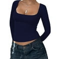 thumbnail image 1 of Womens Long Sleeve Shirts Crop Tops Fall Fashion 2025 Square Neck Going Out Basics Tees Y2k Clothes Navy Blue L, 1 of 5