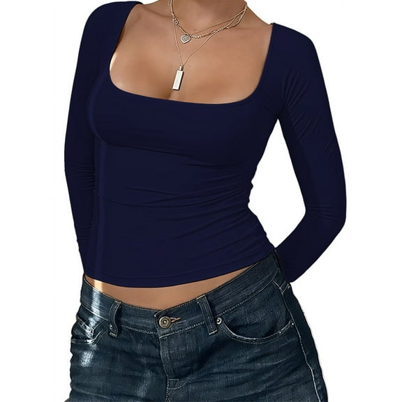 Womens Long Sleeve Shirts Crop Tops Fall Fashion 2025 Square Neck Going Out Basics Tees Y2k Clothes Navy Blue L