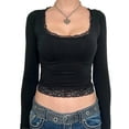 thumbnail image 1 of Womens Long Sleeve Shirts Crop Tops Fall Fashion 2025 U- Neck Lace Bow-Knot Going Out Tees Y2k Clothes Black XS, 1 of 7