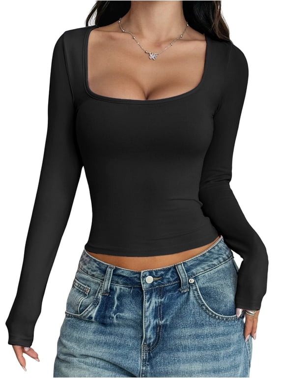 Womens Long Sleeve Shirts Crop Tops Square Neck Going Out Basics Tees Y2K Winter Clothes 2025 Black S