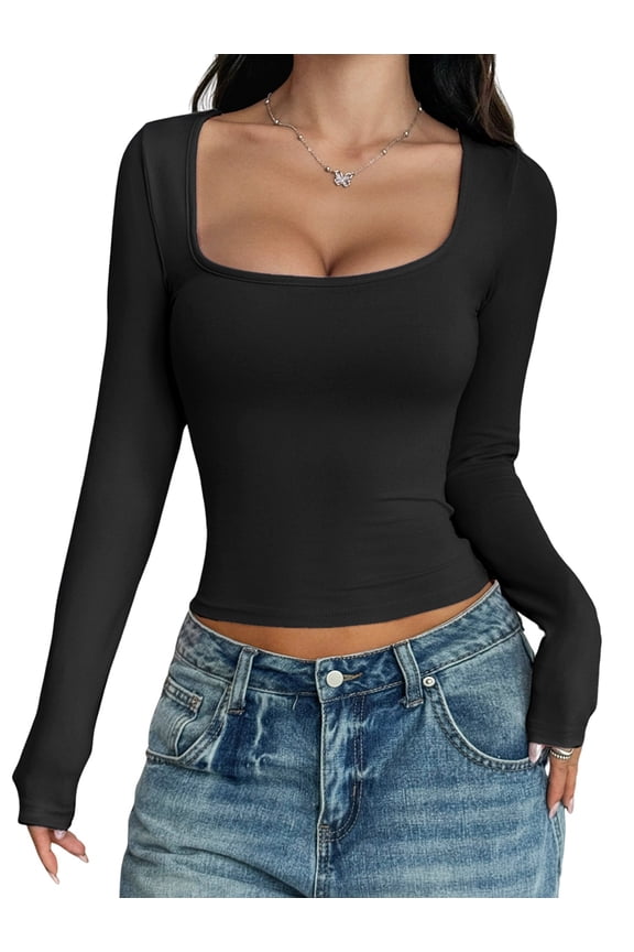 Womens Long Sleeve Shirts Crop Tops Square Neck Going Out Basics Tees Y2K Winter Clothes 2025 Black S