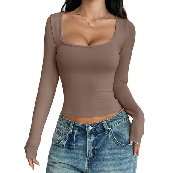 Womens Long Sleeve Shirts Crop Tops Square Neck Going Out Basics Tees Y2K Winter Clothes 2025 Coffee Color L