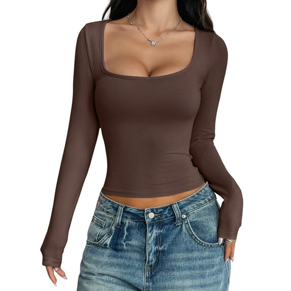 Womens Long Sleeve Shirts Crop Tops Square Neck Going Out Basics Tees Y2K Winter Clothes 2025 Dark Brown XL