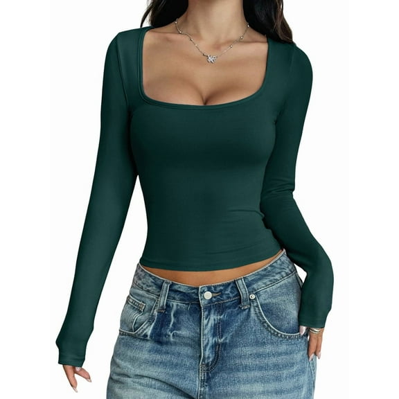 Womens Long Sleeve Shirts Crop Tops Square Neck Going Out Basics Tees Y2K Winter Clothes 2025 Dark Green XL