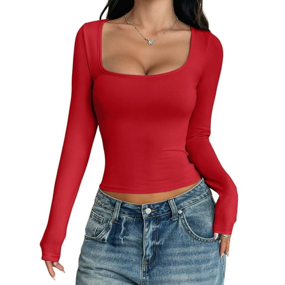 Womens Long Sleeve Shirts Crop Tops Square Neck Going Out Basics Tees Y2K Winter Clothes 2025 Red M