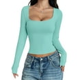 thumbnail image 1 of Womens Long Sleeve Shirts Crop Tops Square Neck Going Out Basics Tees Y2K Winter Clothes 2025 Water Blue M, 1 of 5