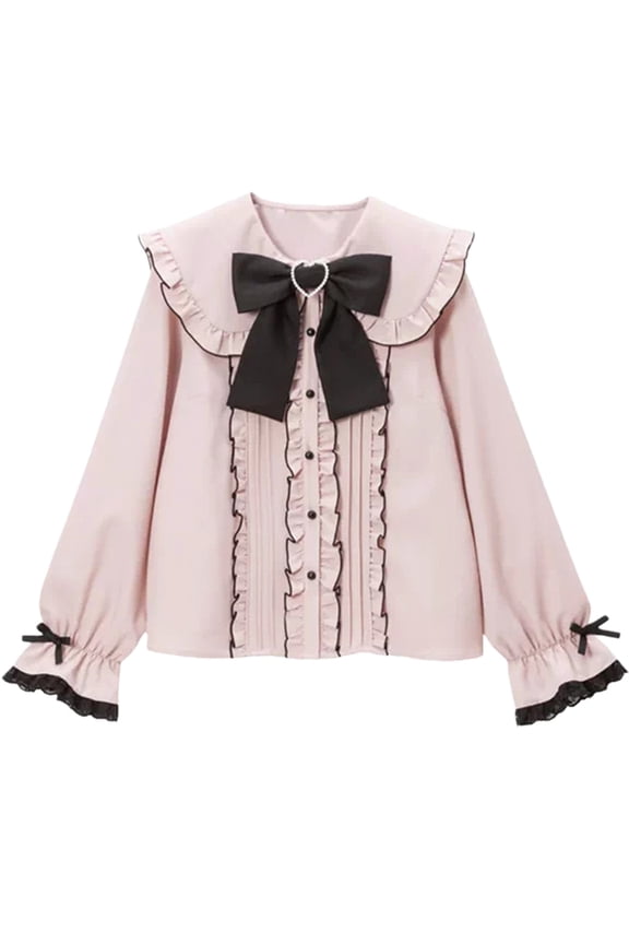 Womens Long Sleeve Shirts Doll Collar Button Down Blouse Casual Spring Ruffled Tops Pink S