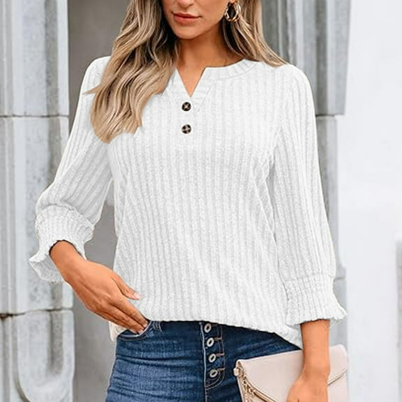 Womens Long Sleeve Shirts Dressy Casual New Women's 3/4 Sleeve Shirts Fall Lightweight Sweaters Solid Color Dressy Casual Tunic Tops Fashion Clothes White M