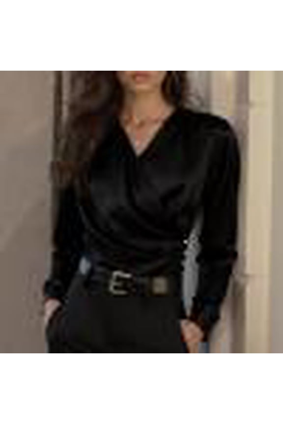 Womens Long Sleeve Shirts Elegant Wrap Shirts V Neck Satin Shirts Casual Blouses Tops Drape Ruched Front Formal Dressy Blouses Workout Tee Casual Spring Top
