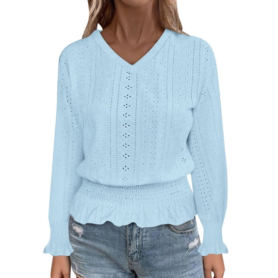 Womens Long Sleeve Shirts, Eyelet Tops for Women Fall Casual Vintage Solid Color Basic V Neck T Shirts S-2XL