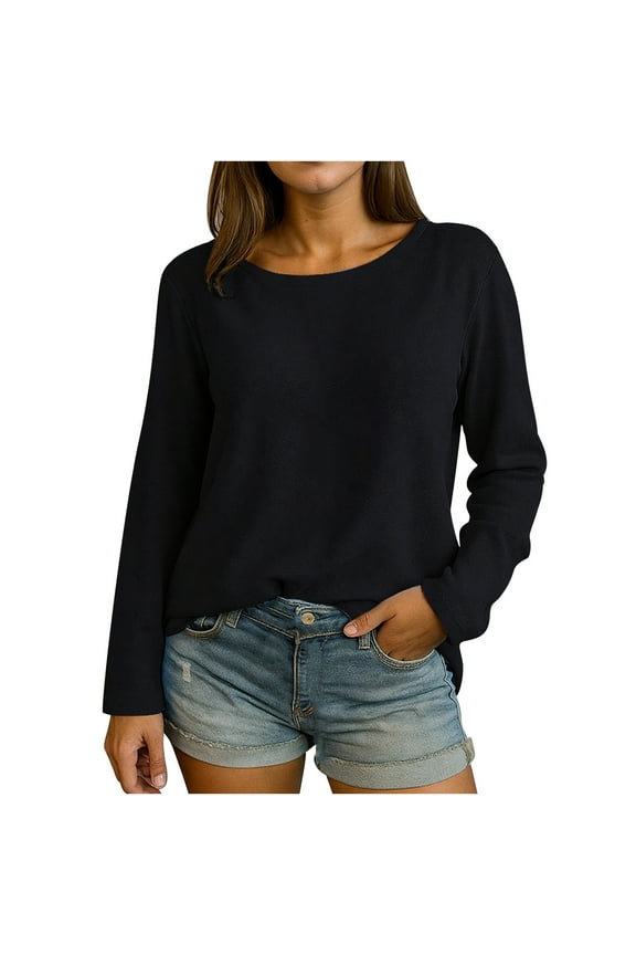 Womens Long Sleeve Shirts, Fall Clothes for Women Fashion Loose Fit Solid Color Crewneck Tees Basic T-Shirts S-3XL