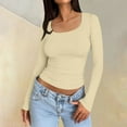 thumbnail image 1 of Womens Long Sleeve Shirts Fall Fashion Crop Tops Basic Layer Slim Fit Y2K Clothes 02-Beige M, 1 of 5