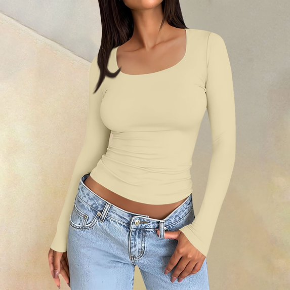 Womens Long Sleeve Shirts Fall Fashion Crop Tops Basic Layer Slim Fit Y2K Clothes 02-Beige M