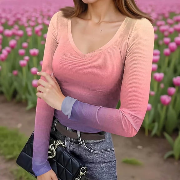 Womens Long Sleeve Shirts Fall Tops Business Casual T Shirts Purple Pink XL