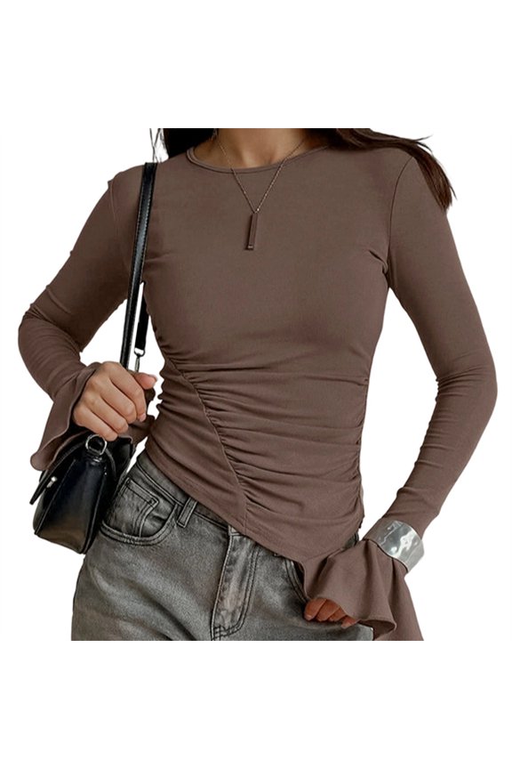 Womens Long Sleeve Shirts Fall Trendy Crewneck Slim Fit Asymmetrical Going Out Tops Ruched Tee Y2k Clothes Khaki L