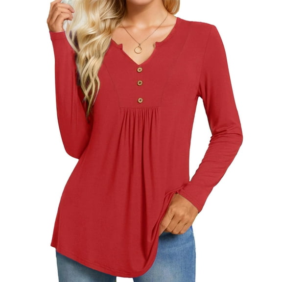 Womens Long Sleeve Shirts Fall Tunic Top V-neck T-Shirt Button Up Dressy Casual Blouse