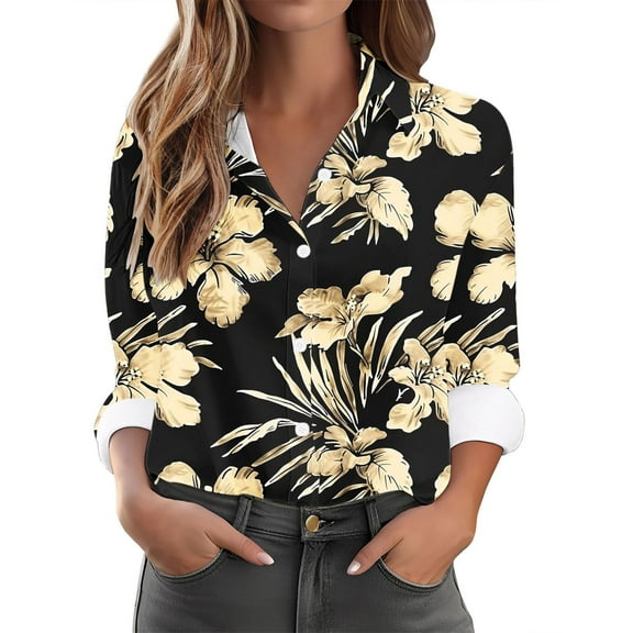 Womens Long Sleeve Shirts Fashion Floral Print Dressy Blouses Casual Turndown Collar Button Shirt Loose Drop Shoulder Tunic Tops Spring Summer Pullover Top Print 10 XL