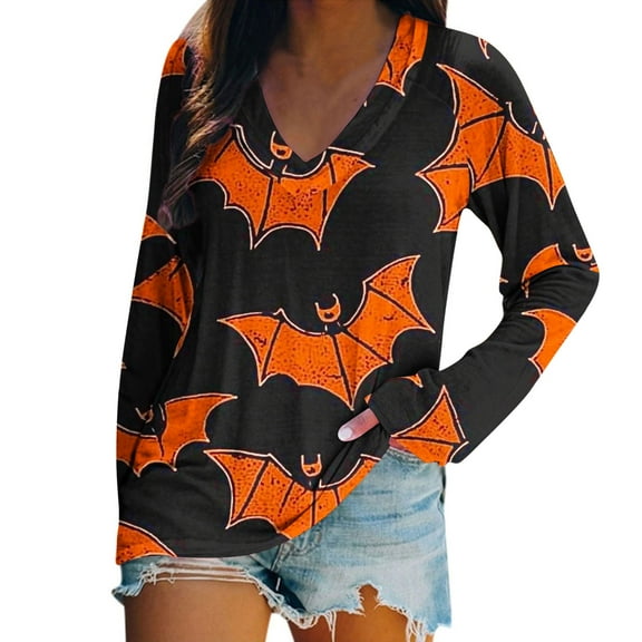 Womens Long Sleeve Shirts Fashion Halloween Printed Loose Blouses Fall Casual V-Neck Pullover Halloween Holiday Costume TShirt Tops