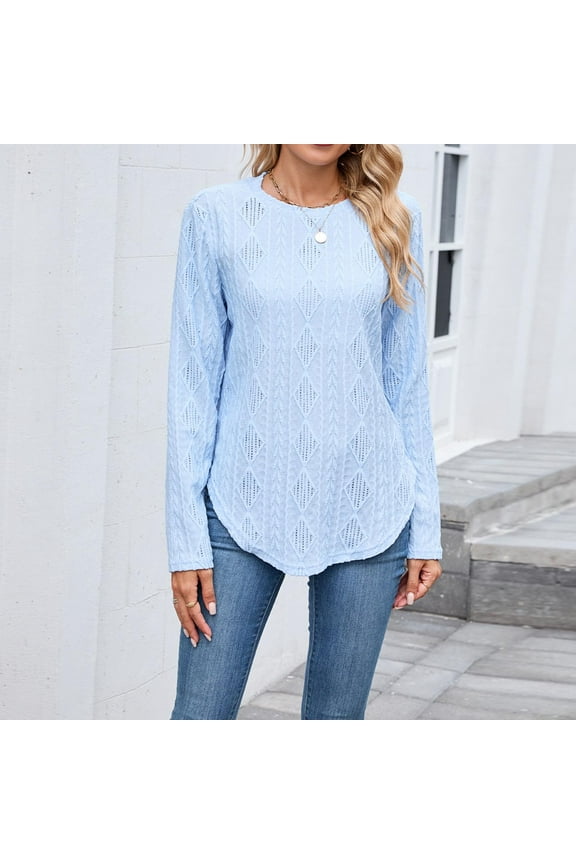 Womens Long Sleeve Shirts Fashion Hollow Out Solid Color Blouses Casual Round Neck Pullover Fall Lightweight Basic Tee Shirt Top Light Blue 2XL