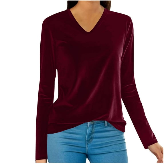 Womens Long Sleeve Shirts Fashion Solid Color Gold Velvet Dressy Blouses Spring Fall Casual Loose V-neck Slim Pullover Top Wine M