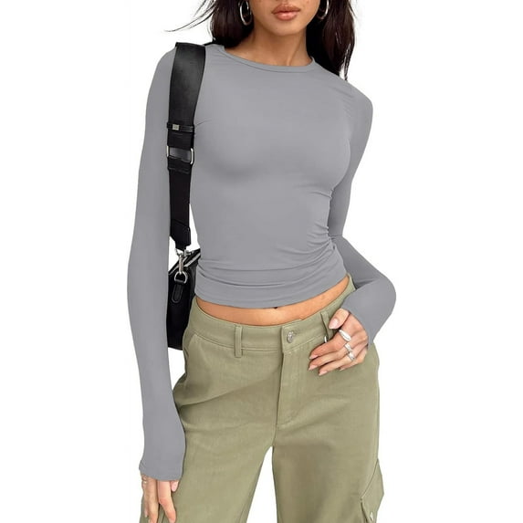 Womens Long Sleeve Shirts Going Out Crop Tops Basic Layering Workout Crewneck Slim Fitted Tops