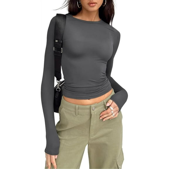 Womens Long Sleeve Shirts Going Out Crop Tops Basic Layering Workout Crewneck Slim Fitted Tops
