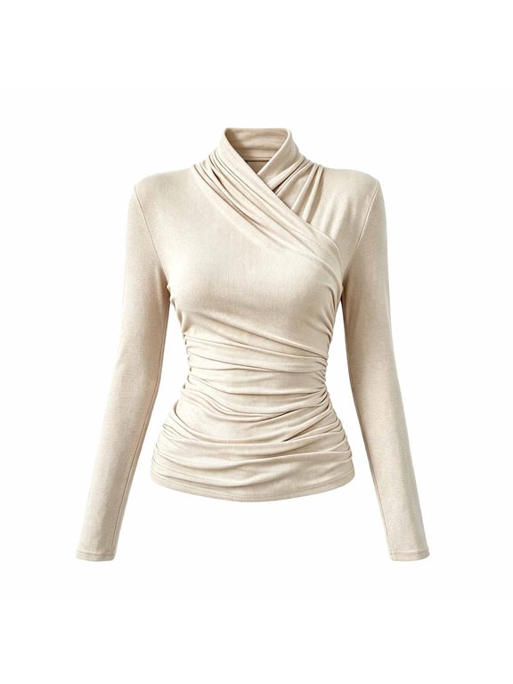 Womens Long Sleeve Shirts Going Out Wrap Top,Ruched Mock Neck,Soft Heathered Stretchy Viscose Fitted Blouse,Ruche Waist Dressy Tops,Office Business Casual Fall Winter Fashion Daily Wear Beige