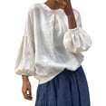 thumbnail image 1 of Womens Long Sleeve Shirts Helii Loose Linen Blouse Puff Lantern Sleeve Round Neck Shirt Travel Vacation Outfit Casual Lightweight Top for Summer Fall | M Size, 1 of 5