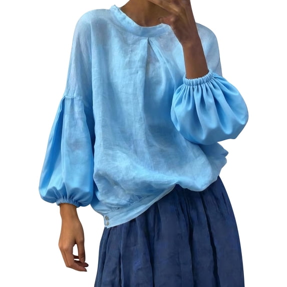 Womens Long Sleeve Shirts Helii Loose Linen Blouse Puff Sleeve Round Neck Shirt Travel Vacation Outfit Casual Lightweight Top for Summer Fall | 2XL Size