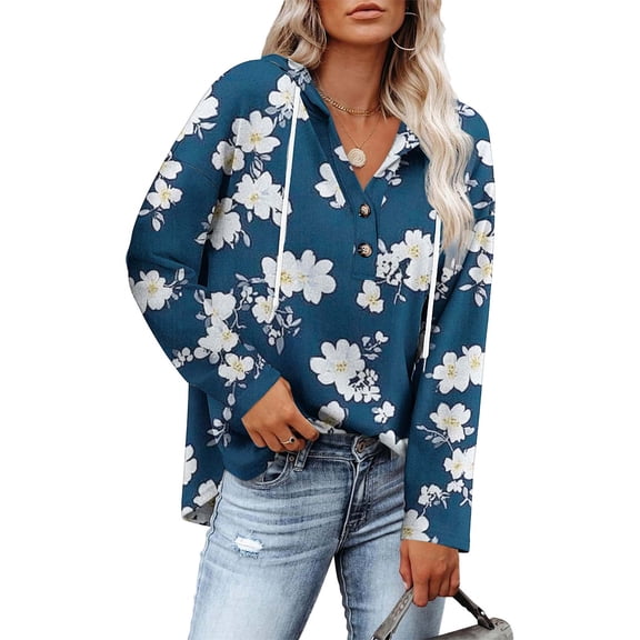 Womens Long Sleeve Shirts Hooded Drawstring Button Print Pullover Tops Casual Loose Spring Summer Trendy Blouse (XXL, Navy-A)